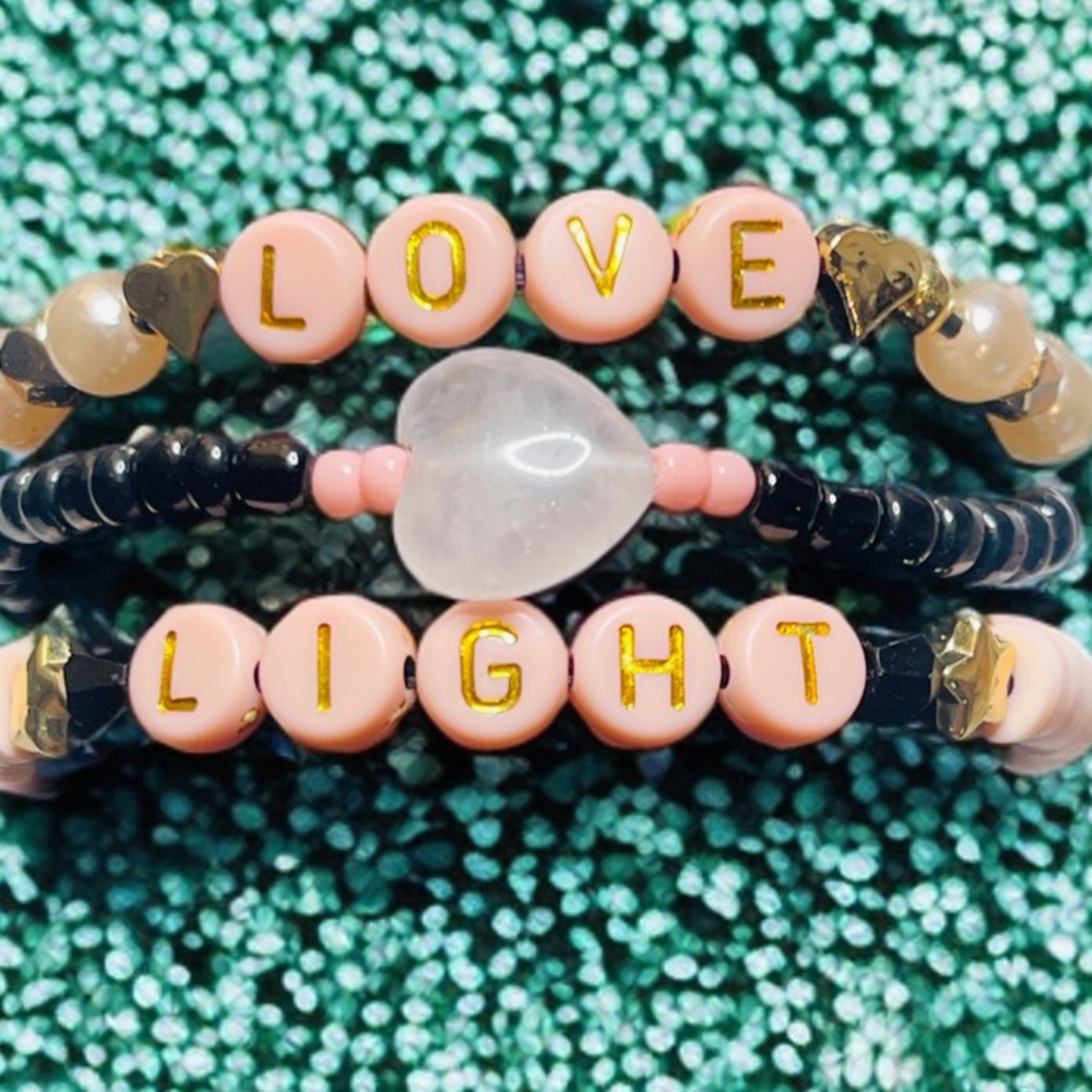 Rose Quartz heart Pink and Black Beaded Bracelet Set ( New - Handmade )